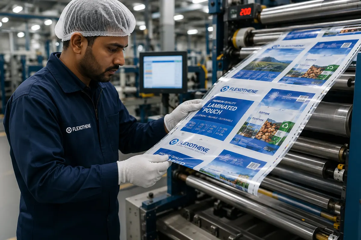 A Flexothene press operator checking a printed reel on the line