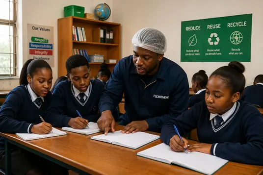 Flexothene staff helping learners in a classroom